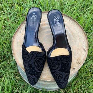 Velvet black floral kitten heels